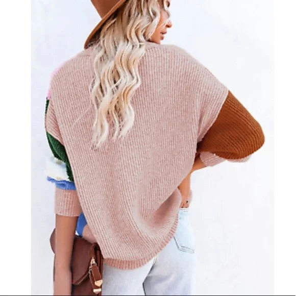 Color Block Button Front Oversized Knit Chunky Sweater Cardigan Slouchy Jacket - Picture 4 of 8